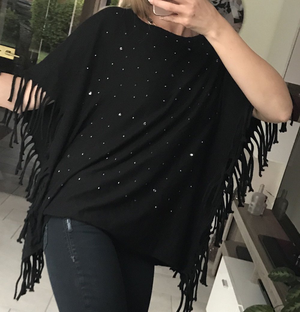 NEU - Poncho mit Strass von Melrose, schwarz, Silber, Party, mit Etikett, mit Fransen, Uni