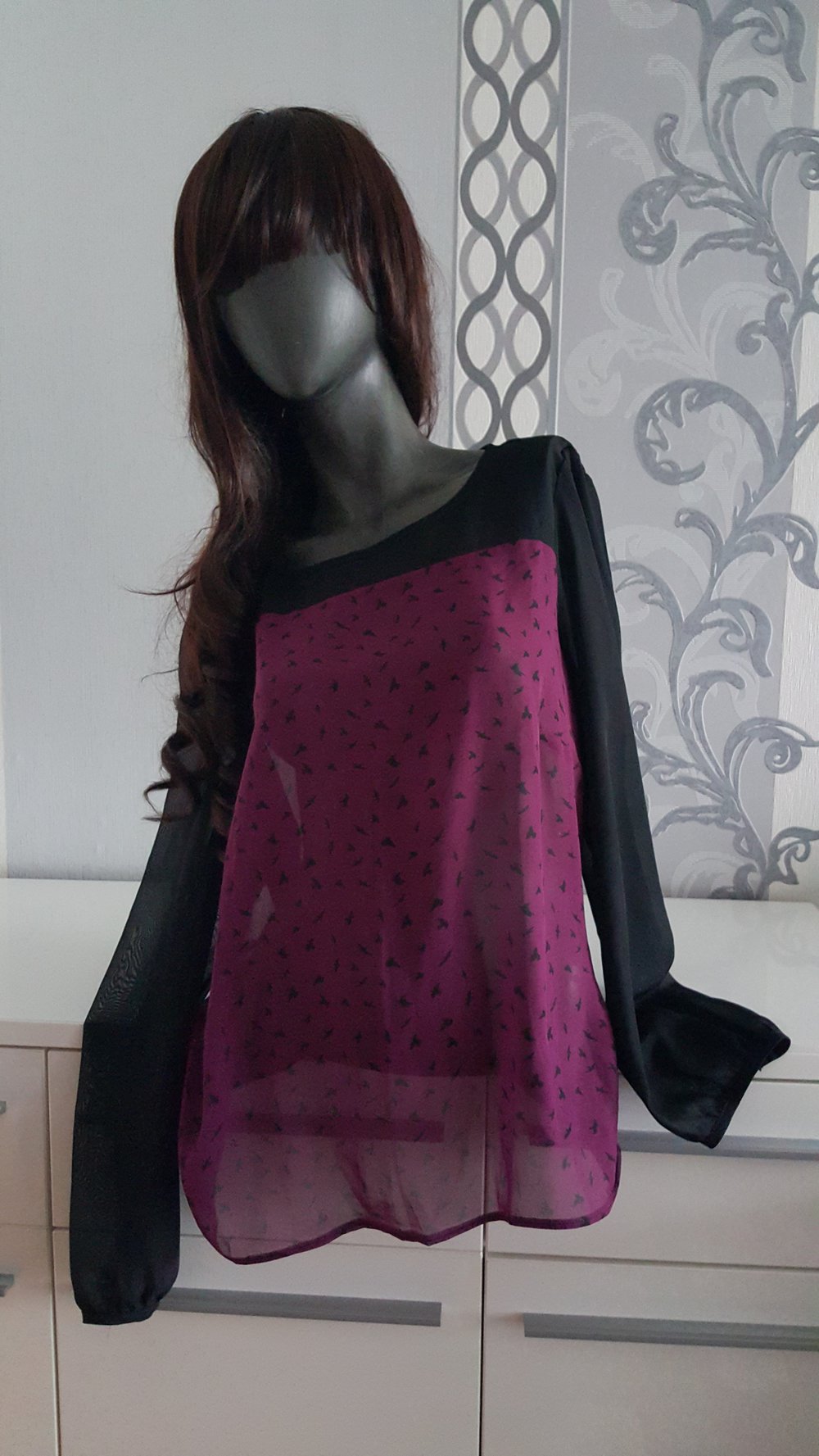 Bluse schwarz magenta mit Vögel 44 46 XL Neu