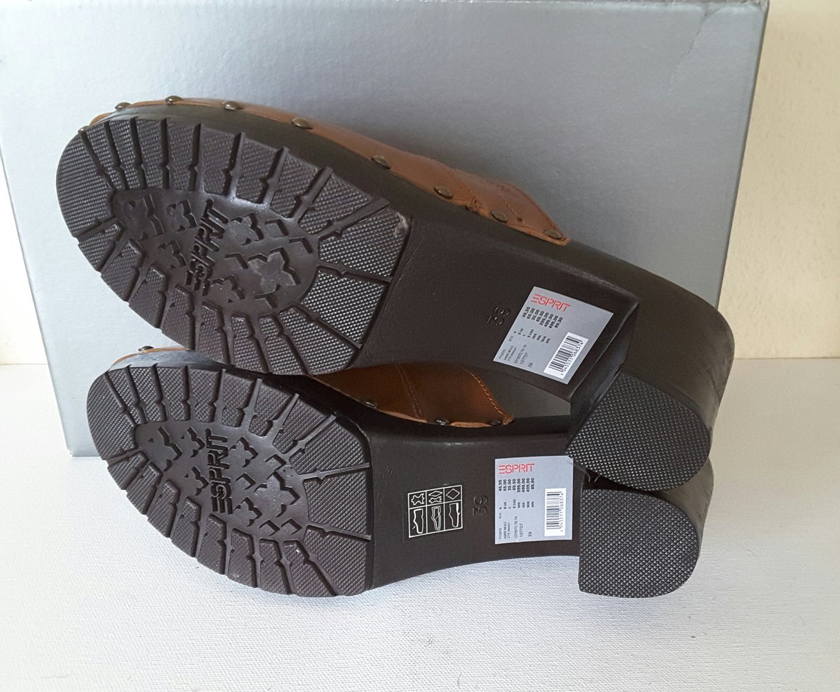 Ungetragene Esprit Clogs brandy braun Holz optik Leder Größe 39 (38) wie Neu!