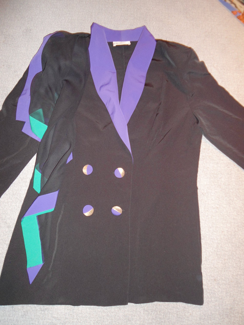 Ronnetta Blazer und Rock Kostüm Gr 40 schwarz lila grün Vintage Retro Fasching