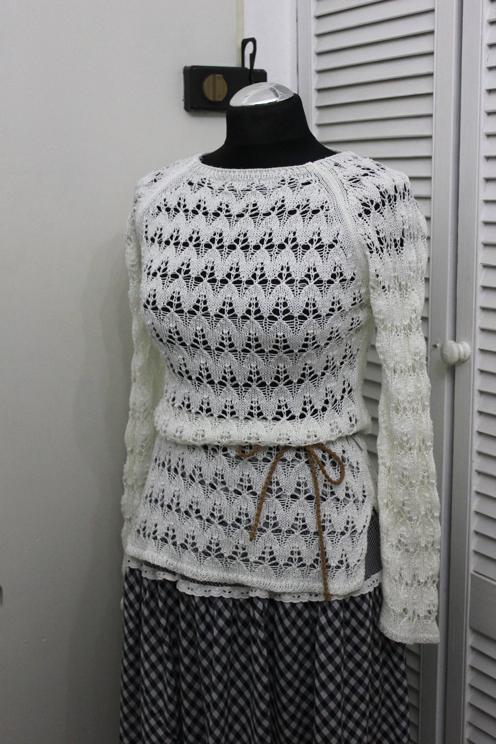 Strickpulli shabby Weiß Lochmuster XS 32 34 Pullover Lace