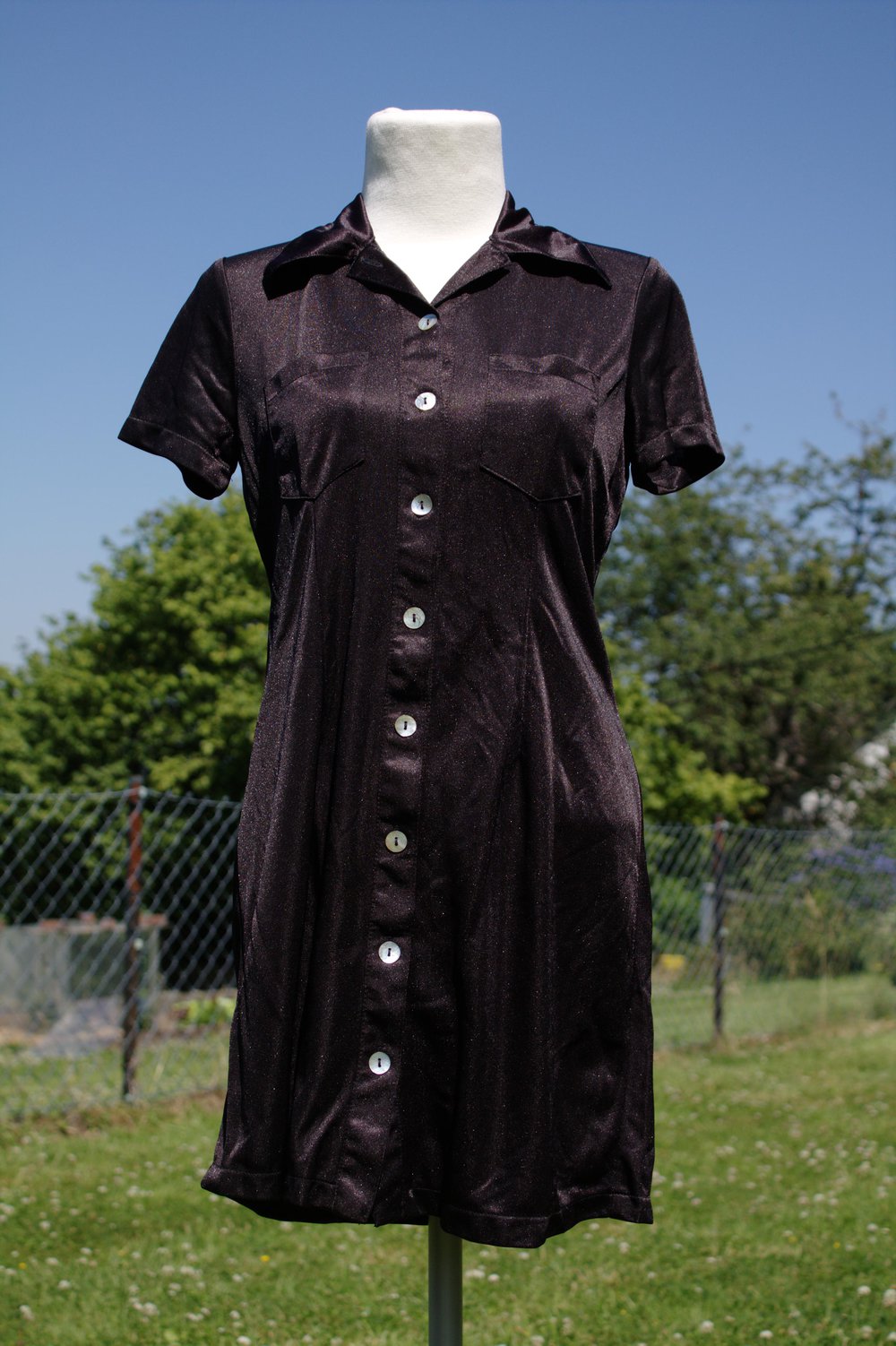 Kleid Minikleid vintage 90er Clockhouse C&A schwarz glänzend geknöpft Kurzarm Kragen