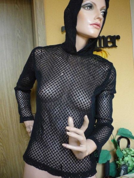 Netz Shirt mit Kaputze und Trompetenärmel * 36 38 * schwarz * baumwolle
