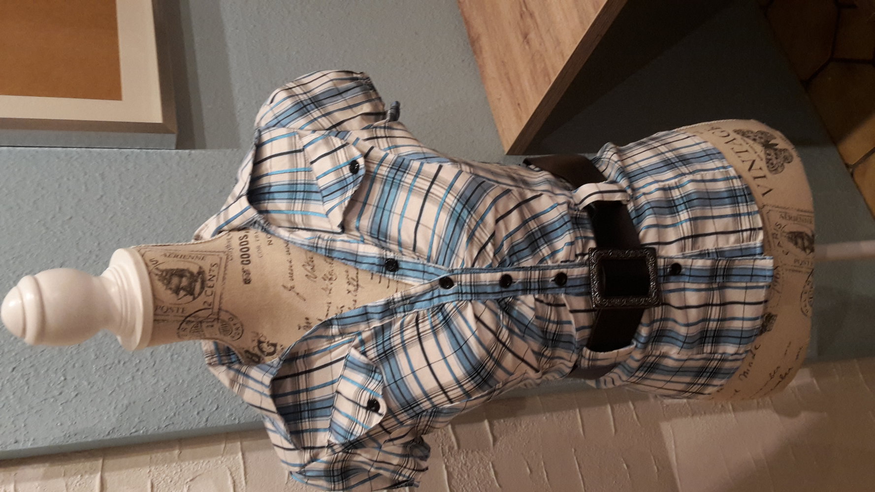 Bluse, Gr. 36, weiß blau petrol Kariert kurzärmlig NEU m. Gürtel