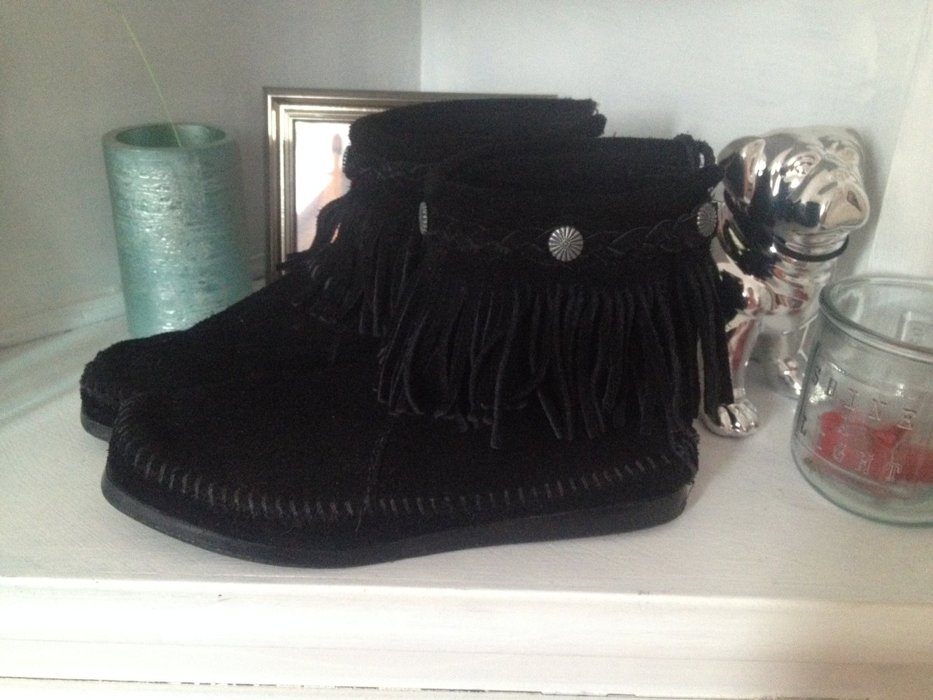 Minnetonka Concho Mokassin Stiefel Zip 38 Schwarz blogger Hippie Nieten Coachella fransen Wildleder