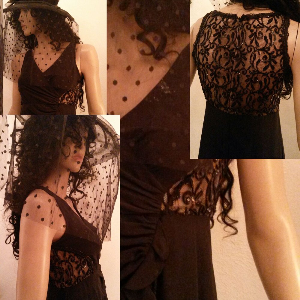 Edles tiefschwarzes Kleid mit Volants, Spitzeneinsatz, Perlen und Pailletten 