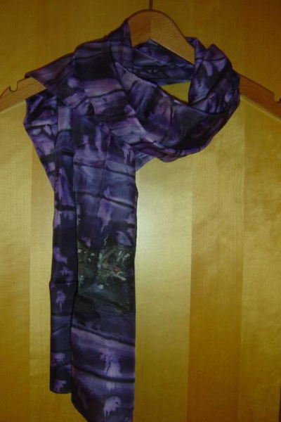 Langer Seidenschal Seidenmalerei mit Katze, lila DIY