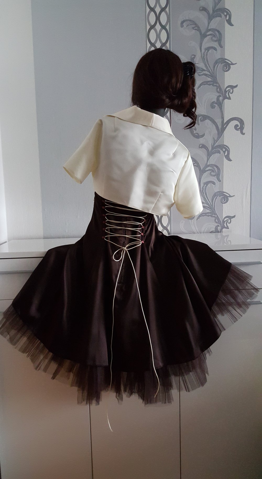 Champagner Braun Kleid im 50er Look mit Tüll Schleife und Bolero ausgez. 46 auch 42 / 44 XL