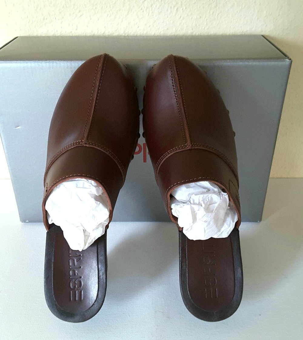 Ungetragene Esprit Clogs rot braun Holz optik Leder Größe 39 (eher 38), wie Neu!
