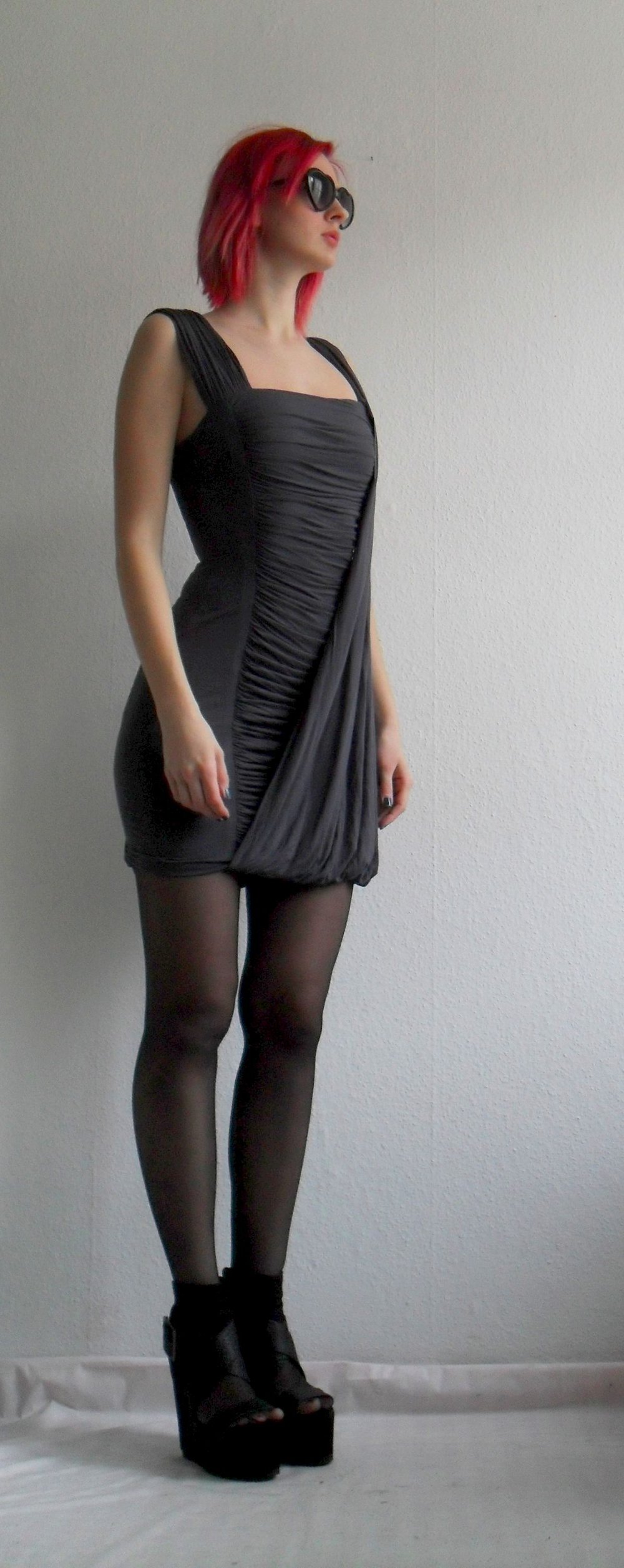 Anthrazitfarbenes Cocktailkleid Gr. XS S 34 36 38 drapiert ausgefallen Ninjagoth