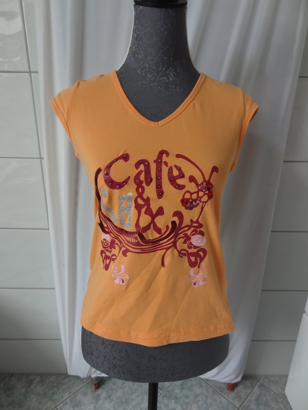 Orangenes T-Shirt mit Pailletten und Glitzer Gr M 152/158