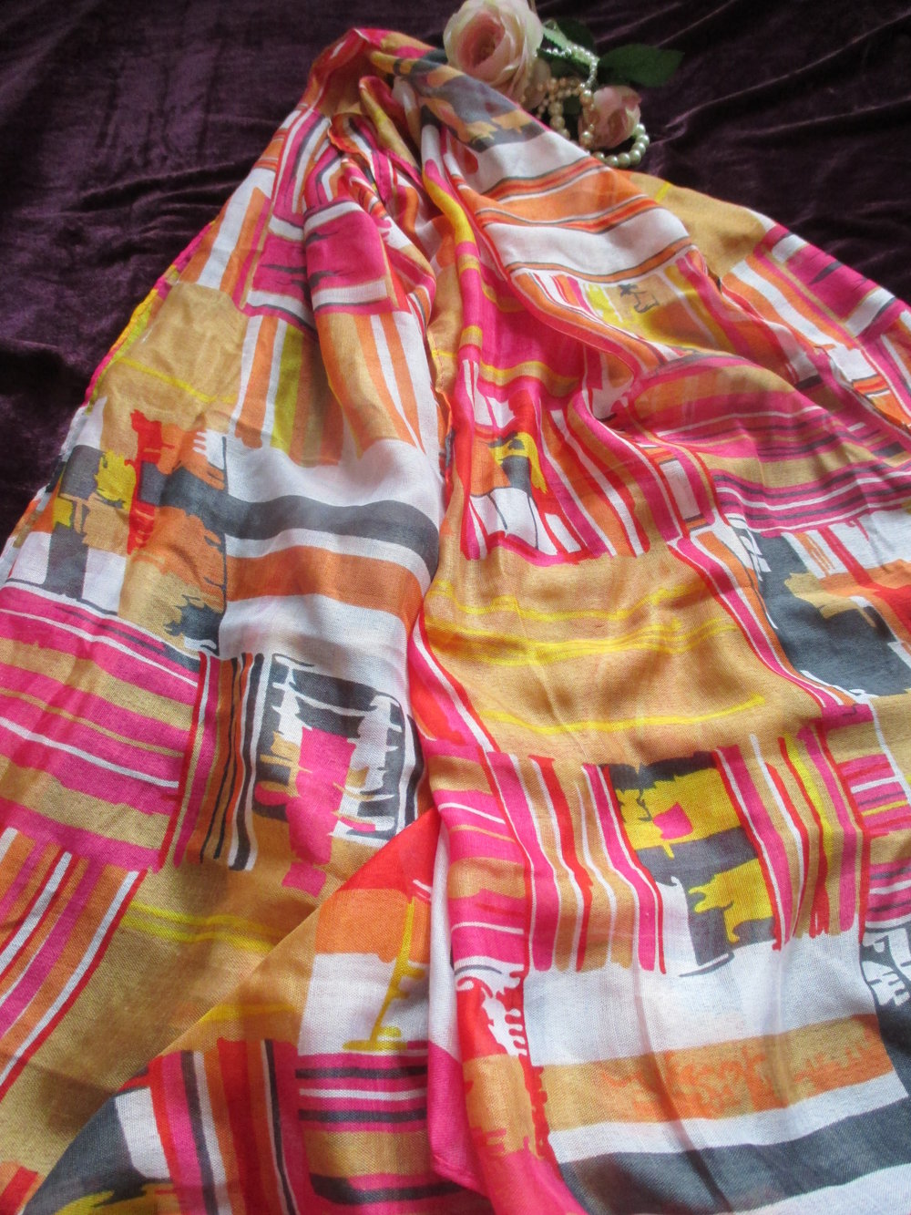 NEU * Duftig * Seiden Chiffon * DESIGNER * XXL SCHAL * SCARF * Hals- TUCH im Retro * Boho Look * pink * bunt *