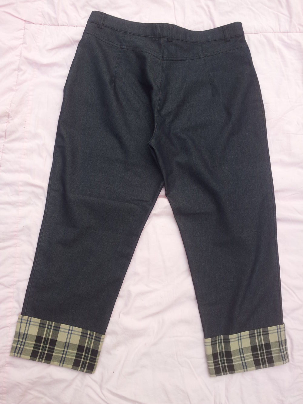  7/8 Hose Bruno Saint Hilaire blau karierter Fußsaum Stiefelhose NEU