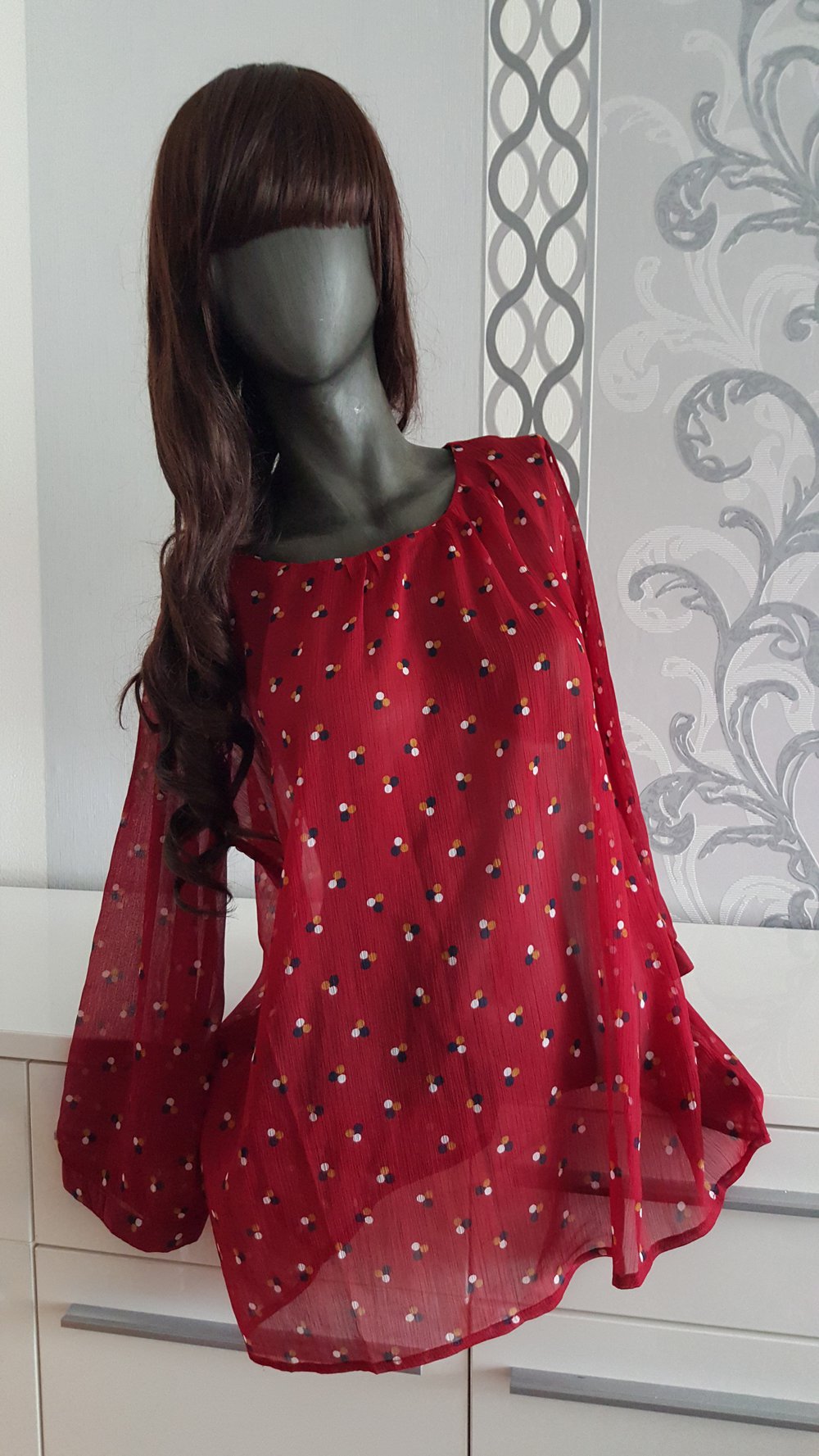 Schöne rote Bluse mit bunten Muster 40 42  L XL