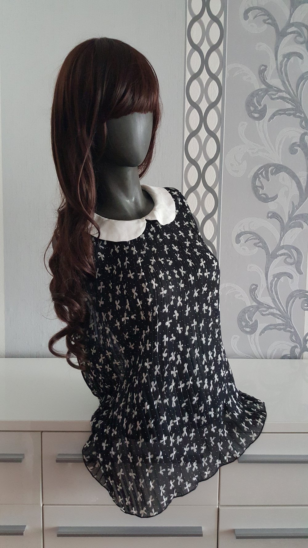 Schwarz Weiß Bluse mit Scheifen und Peter Pan Kragen L XL 40 42