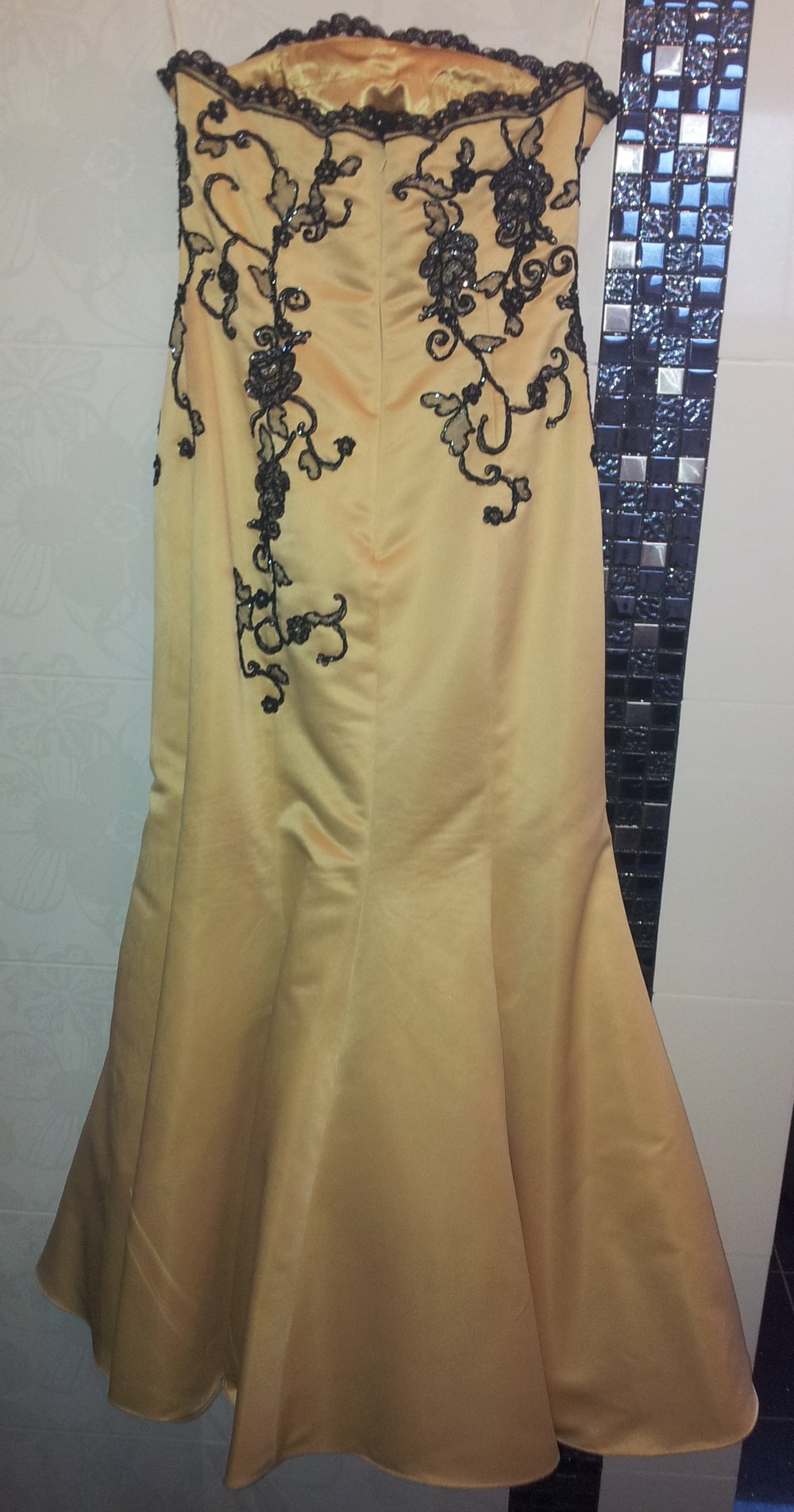 Abendkleid Ballkleid Meerjungfrau Korsage Gold Schwarz Strass Spitze