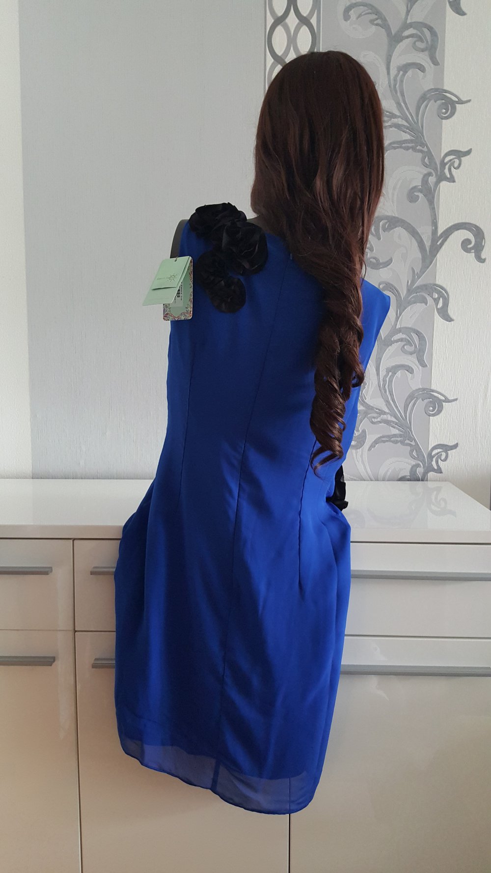 Elegantes 3D Blumen Kleid schwarz Blau L 40 evtl. 42