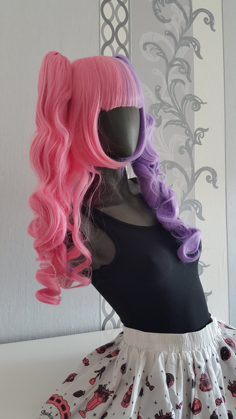 Lolita Perücke Pink Lila 2 Zöpfe Lockig Cosplay Fotoshoot Manga Anime