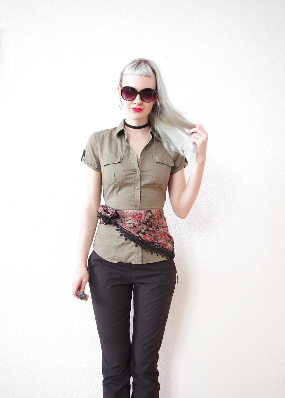 Olivgrüne Mexx Bluse Gr. 36 38 S Safari Hemd Taillengürtel