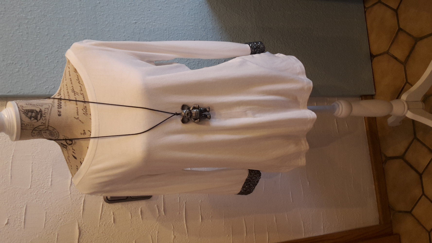 Bluse shirt weiß XL Business chic pailletten grau 