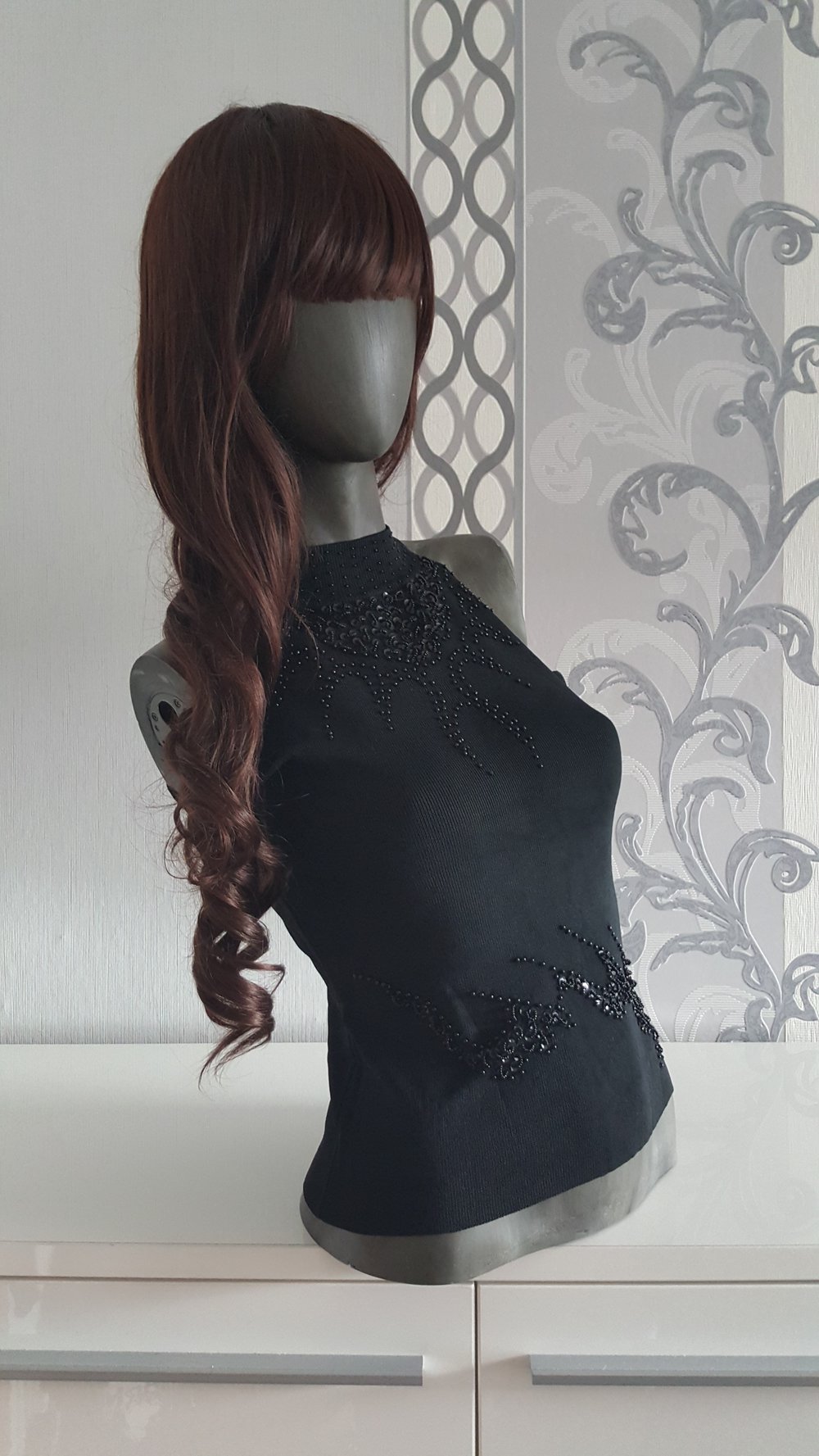 Schwarzes Top Bluse mit Pailletten Gothic S M 36 38