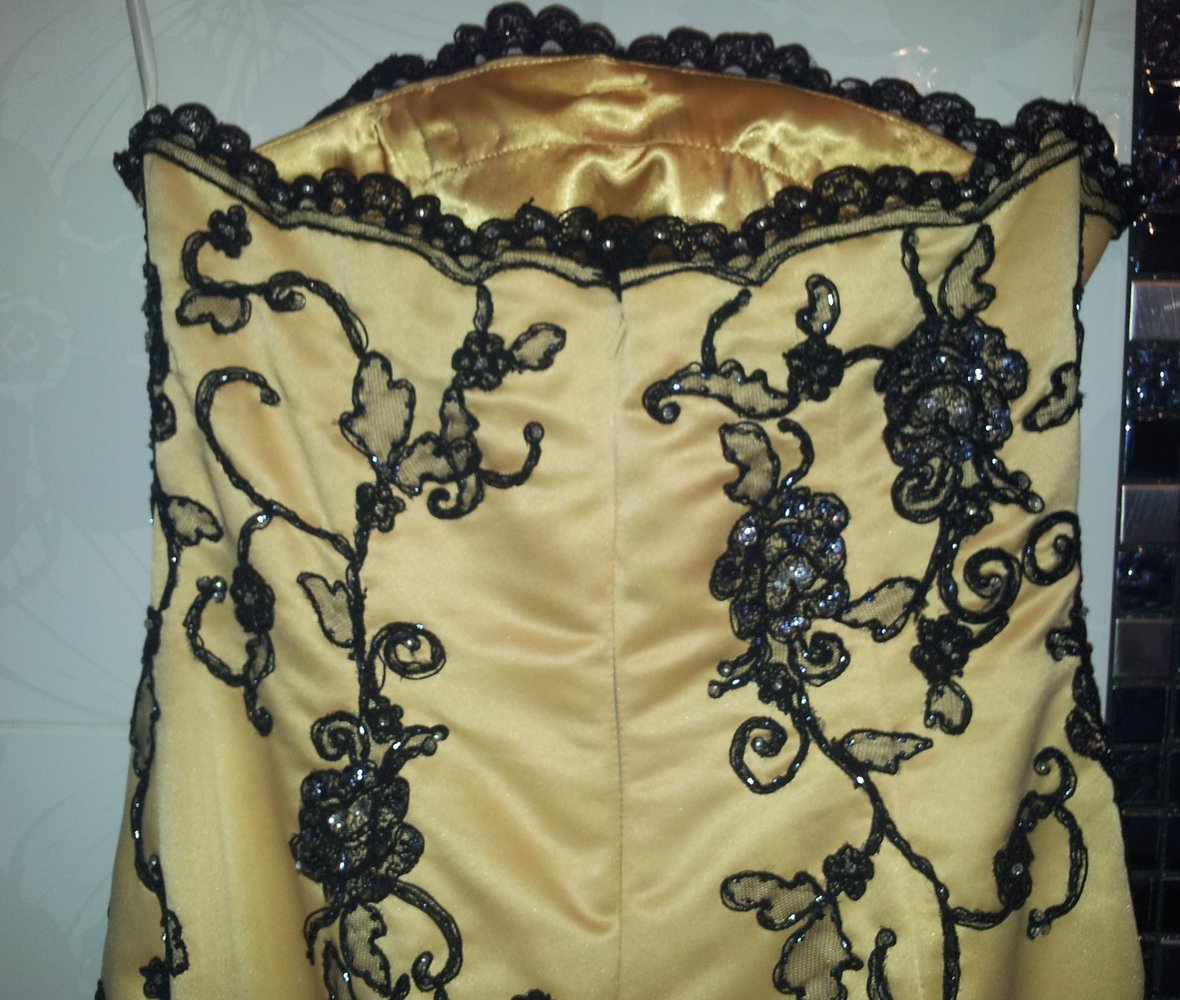 Abendkleid Ballkleid Meerjungfrau Korsage Gold Schwarz Strass Spitze