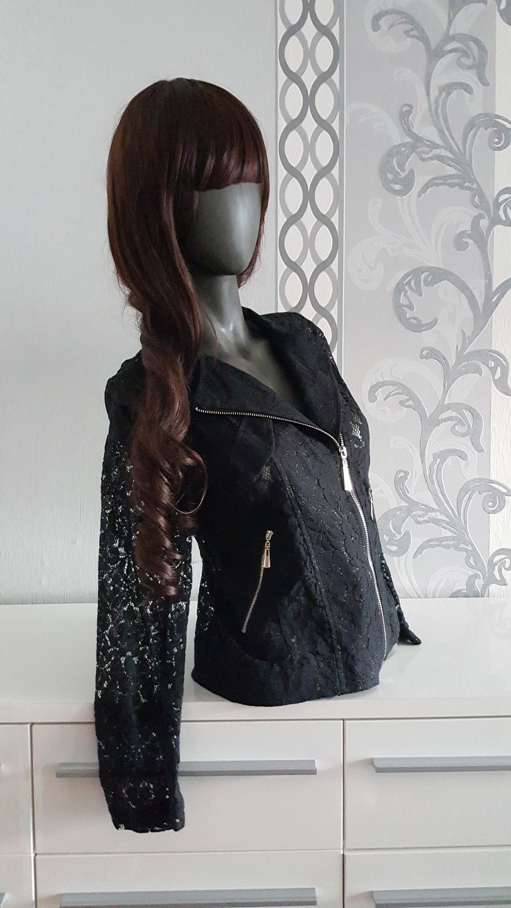 Spitzen Jacke Jäckchen Schwarz Biker Look silber Reißverschluss XL auch L 40 42