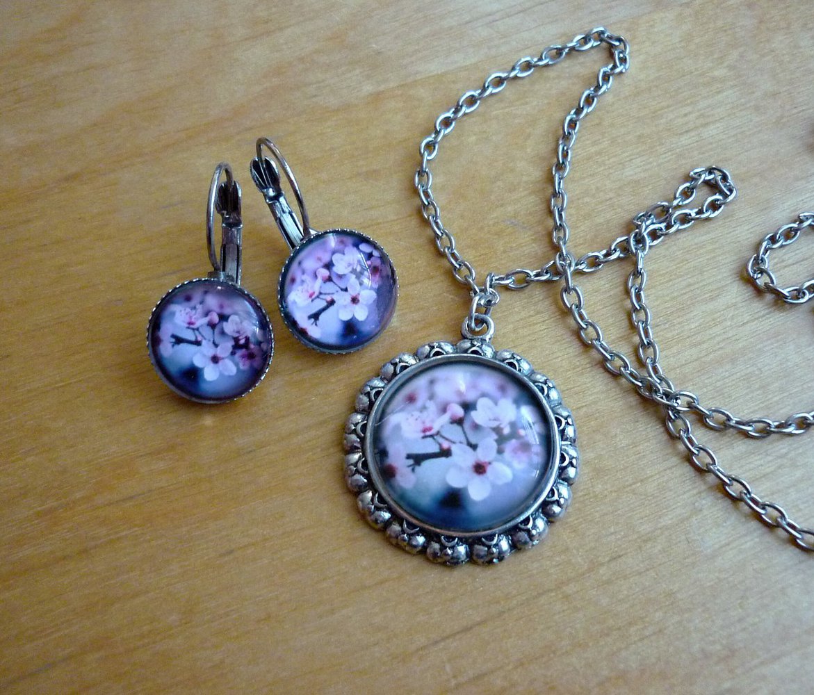Set Frühling Kirschblüten Kette + Ohrringe Blüten Blumen rosa grau blau silber