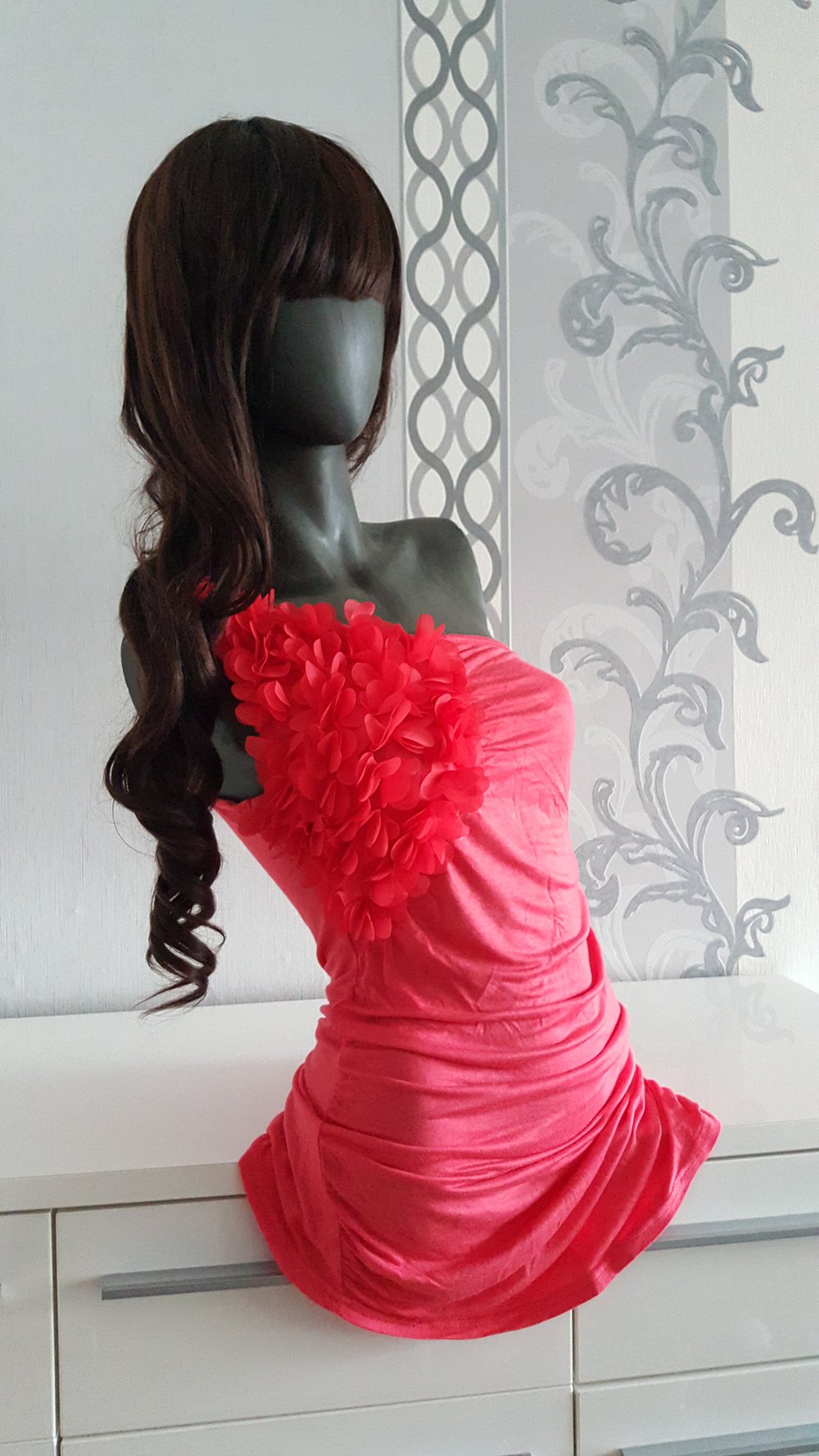 Korallenfarbenes Apricot Long Shirt M 38 / 40 3D Blumen