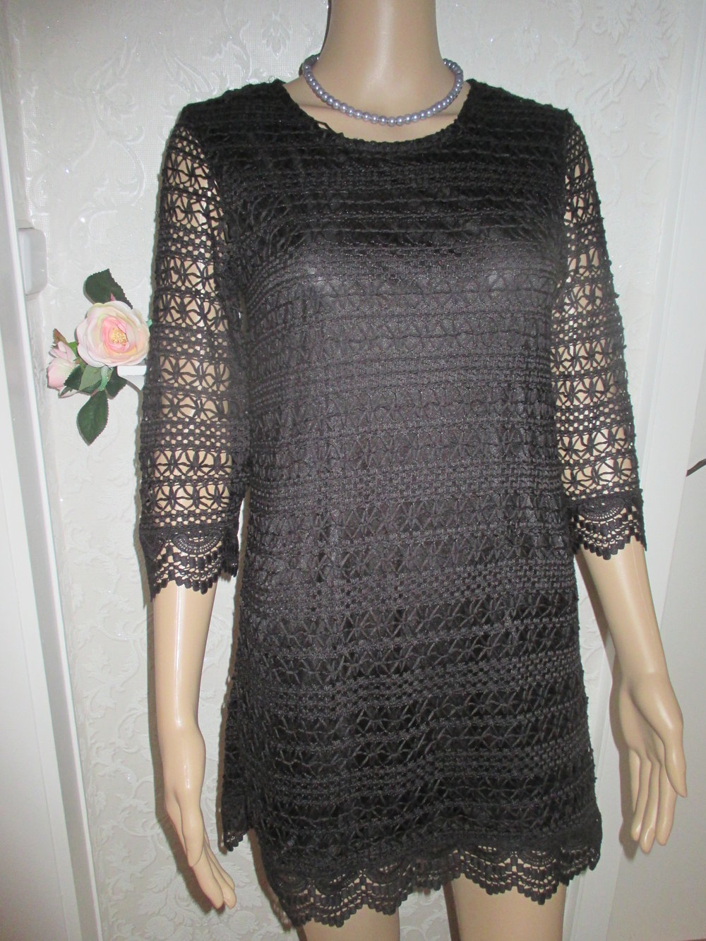 NEU 60er Jahre Boho Hippie Look Lace- Spitzen Häckel Etui Mini Kleid 