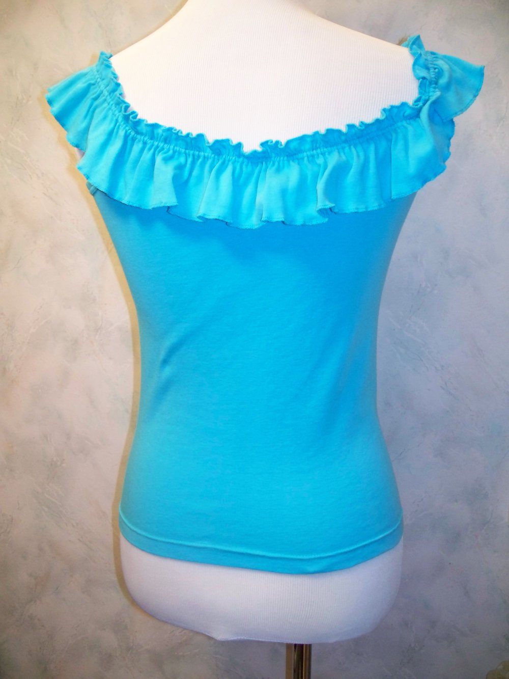 Top Shirt türkis schulterfrei off-shoulder mit Rüschen im Boho-Style Gr. 34/ 36