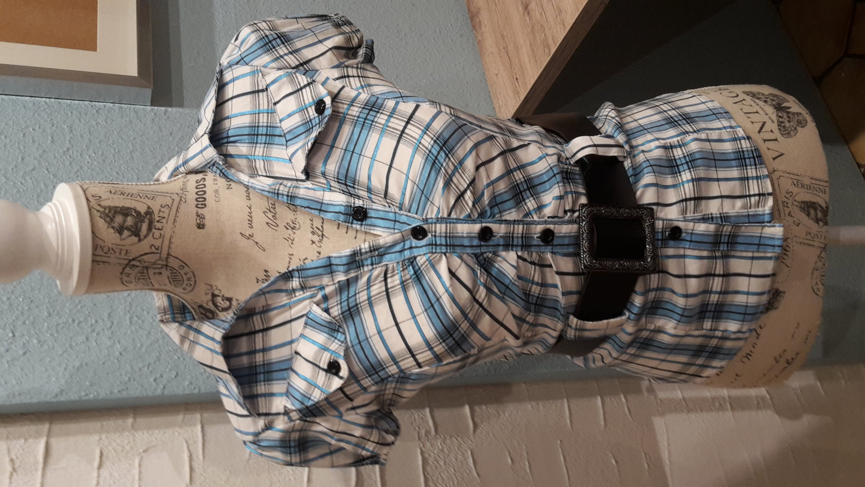 Bluse, Gr. 36, weiß blau petrol Kariert kurzärmlig NEU m. Gürtel