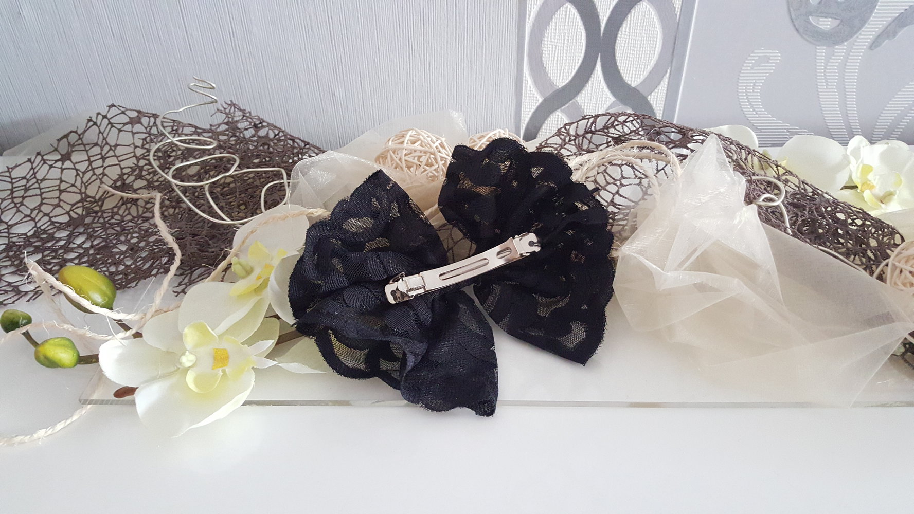 Lolita Cosplay Accessoire Schleife groß schwarz Haarschmuck Spitzen 