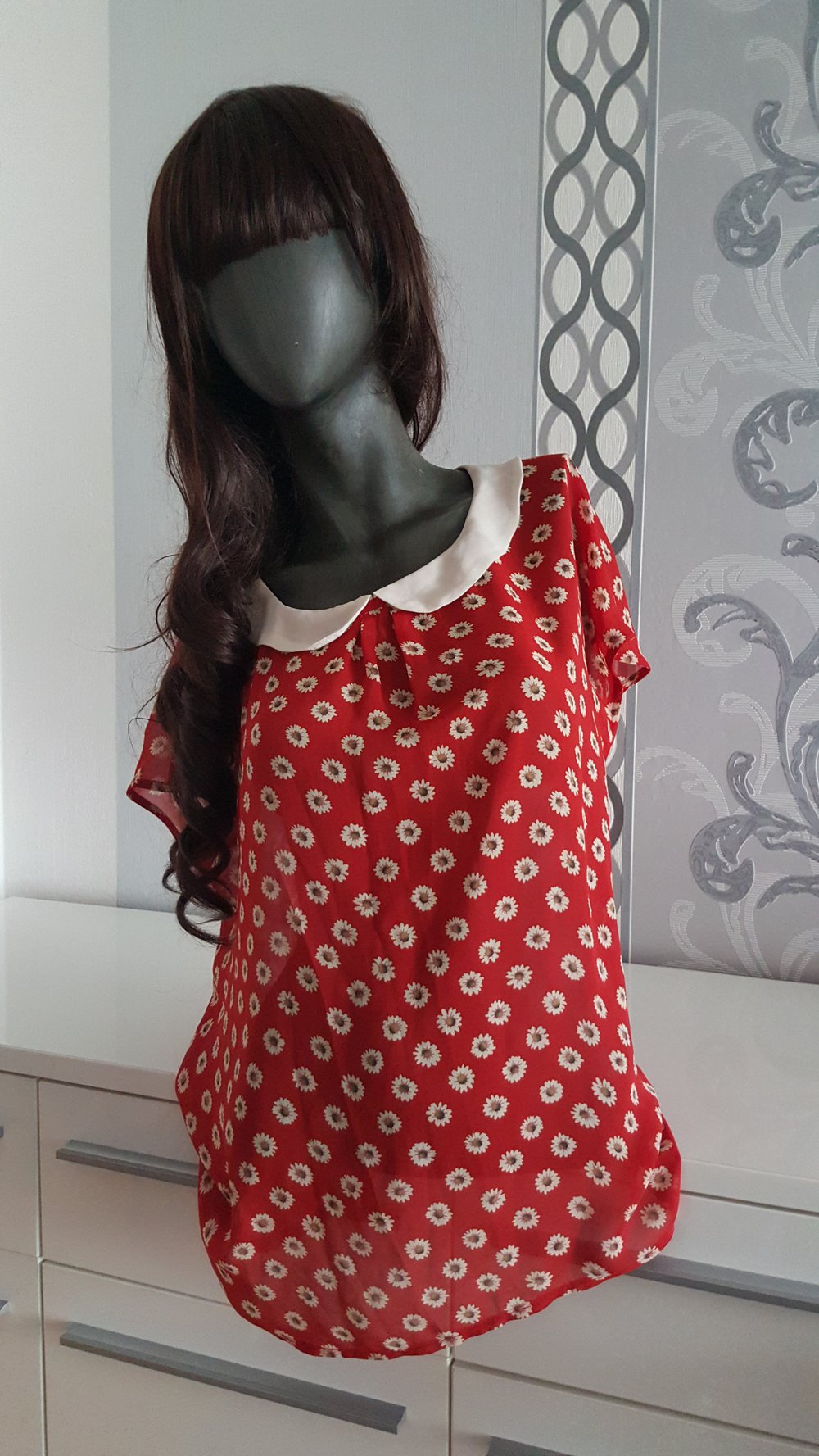 Vintage Retro Bluse Peter Pan Kragen Blumen Weiß Rot L auch XL 40 42 evtl. 44