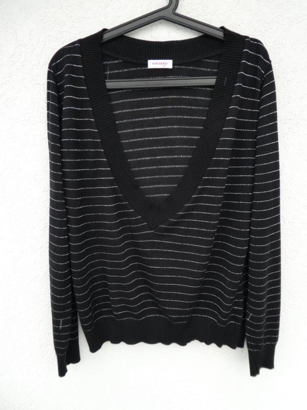 Orsay – Damen Feinstrickpullover, schwarz mit dünnen silbernen Streifen - Gebraucht, fast wie neu