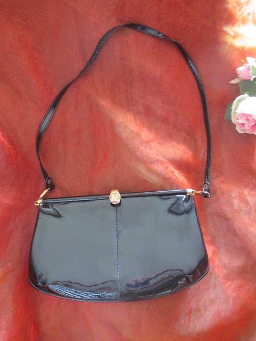 Original VINTAGE Lack- Echt- Leder Abend Clutch Hand- Tasche schwarz- gold