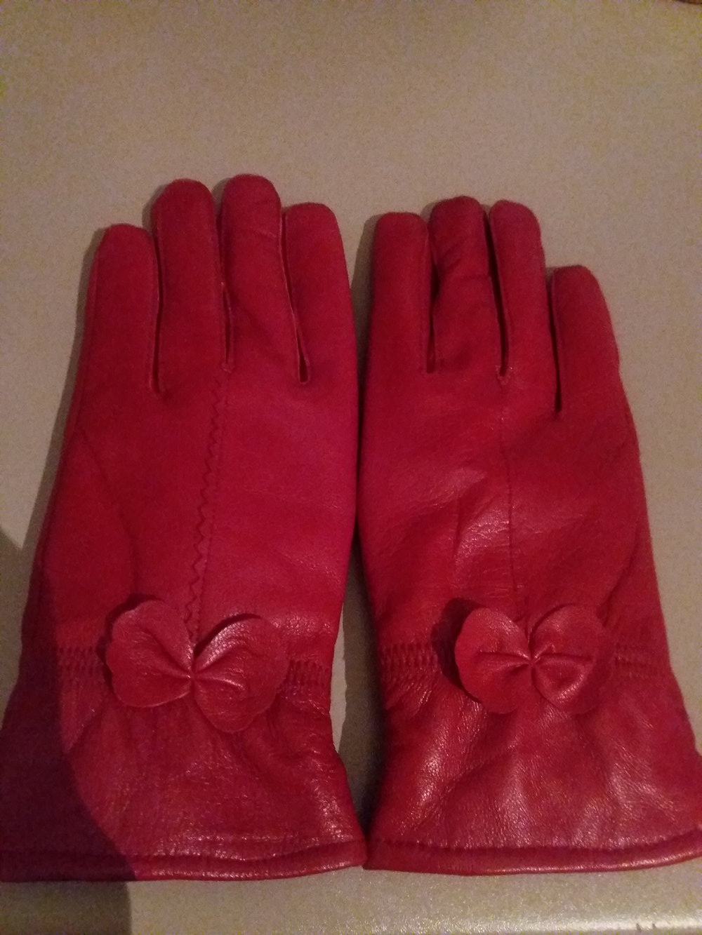 rote Handschuhe Damen Echtleder Lammfell gefüttert Fell Schleife Fahrrad retro Vintage