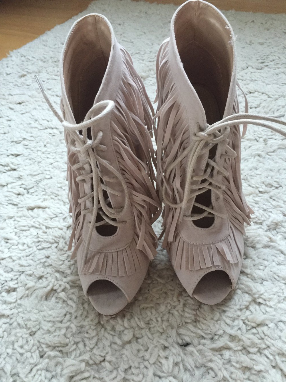 Schnür High Heels, Fransen Heels, Nude, Peep Toes