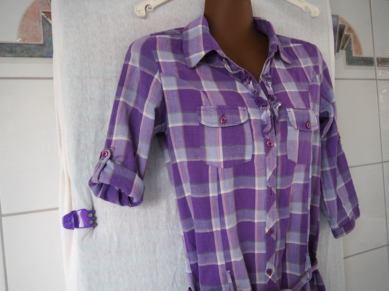 Lange Bluse mit lila Karos