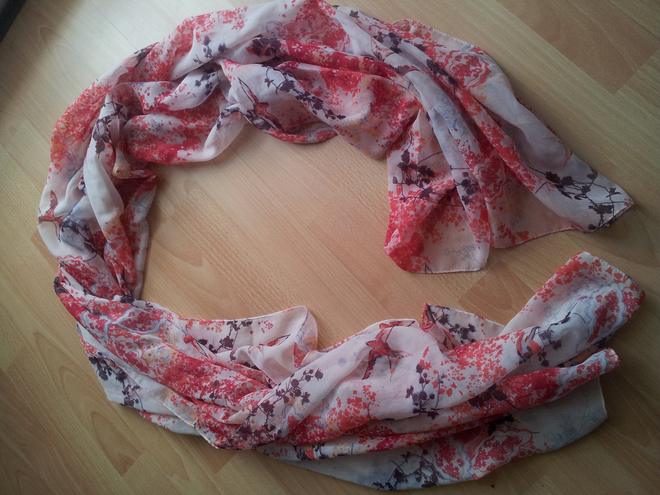  XXL leicht Tuch rot braun weiß mit Vögel Äste 