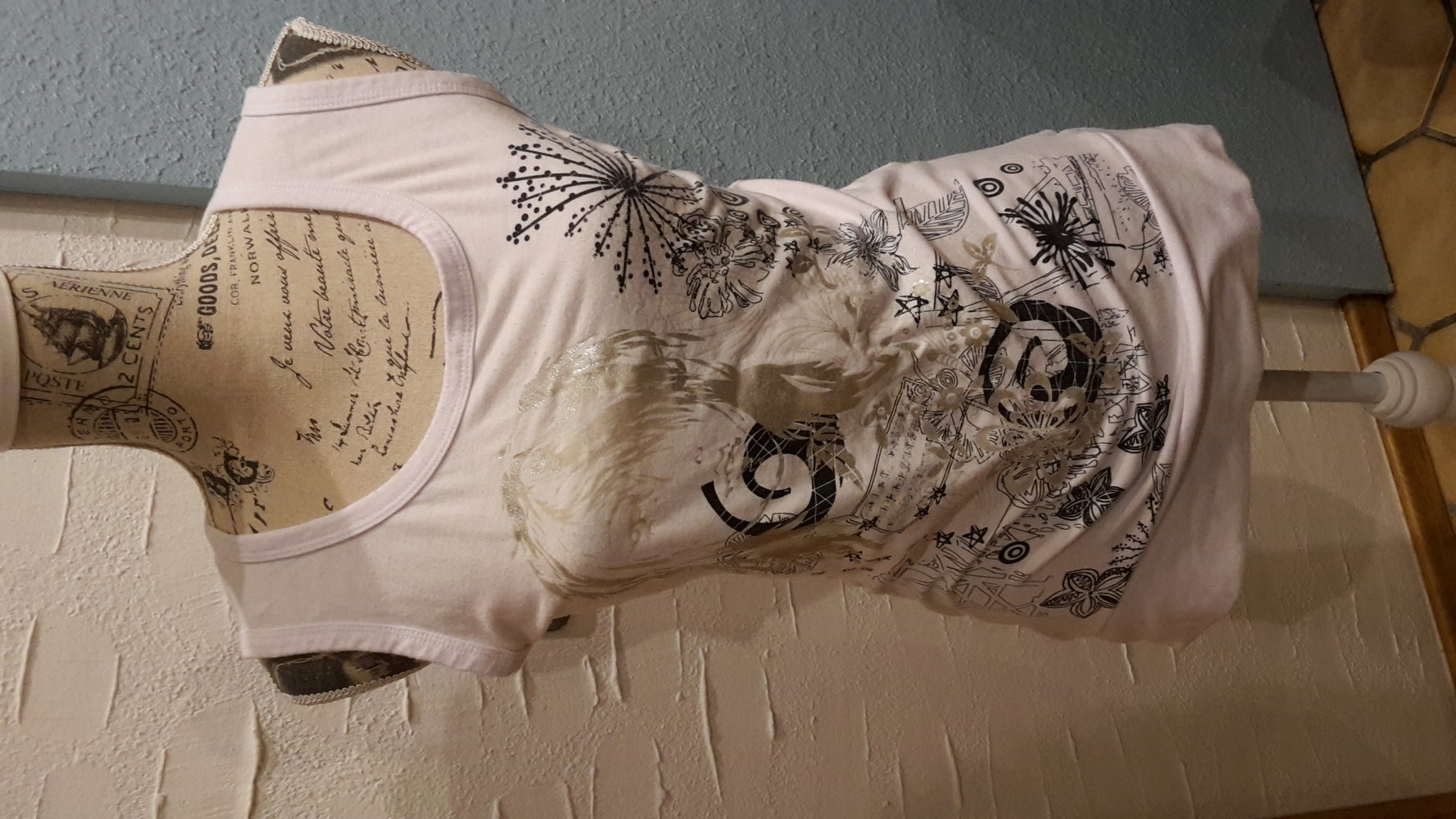 weißes Top silber schwarz glitzer Druck gr.36/S Rückenausschnitt!