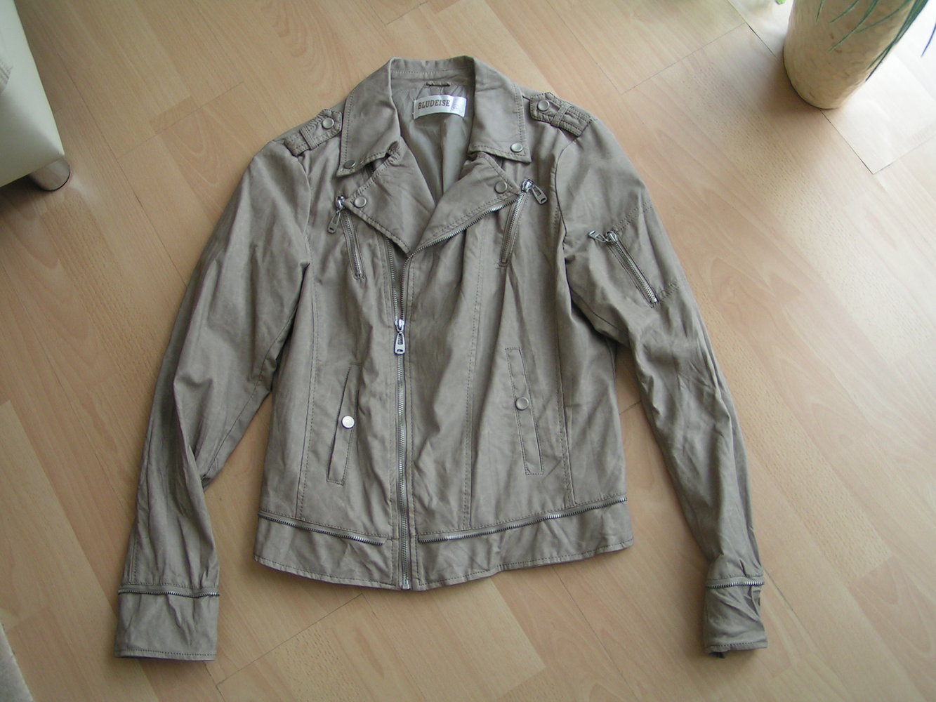  BLUDEISE TRAUM Designer Bikerjacke Kunstleder Jacke Taupe XL 40 42 Neu 