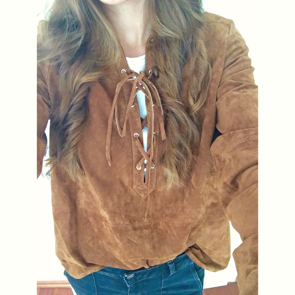 Mit Etikett! Mango Bluse S Echtleder Wildleder cognac braun zum Schüren langarm overzise lässig Bloggerfashion Oberteil Bluse