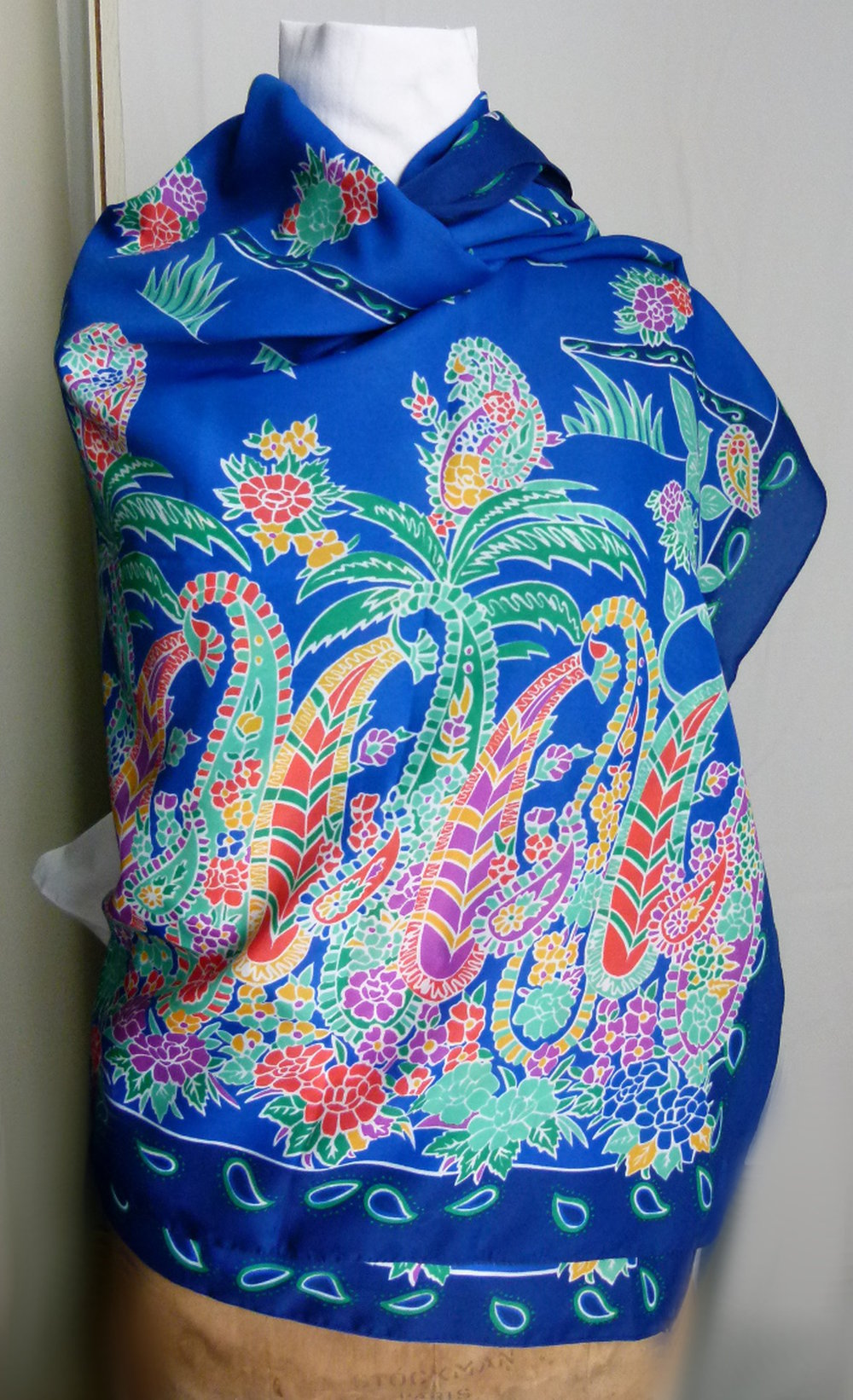 Pareo XXL Tuch, blau mit buntem Natur-Print, Boho Hippie Goa Festival Sommer Strand Jungle Retro Vintage 70s