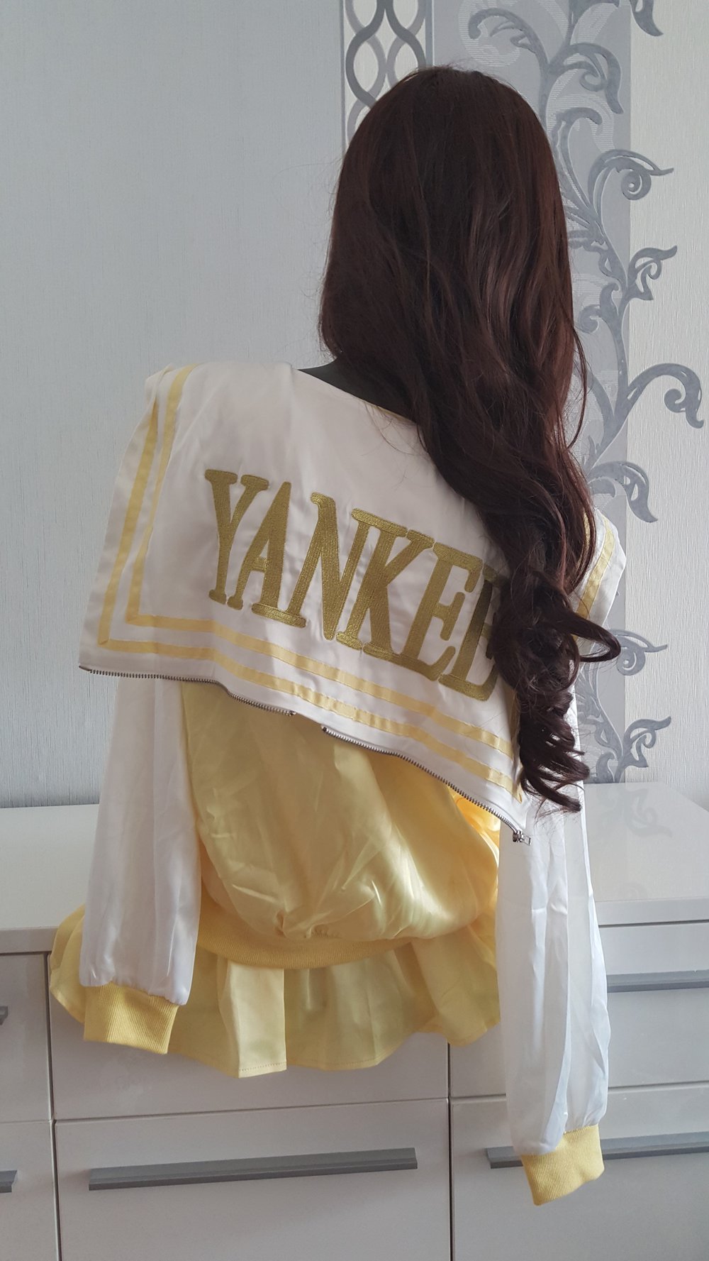 Sailor Letterman Jacke mit Rock Hose Yankee USA Lolita Cosplay Gelb Weiß S 36 / M 38