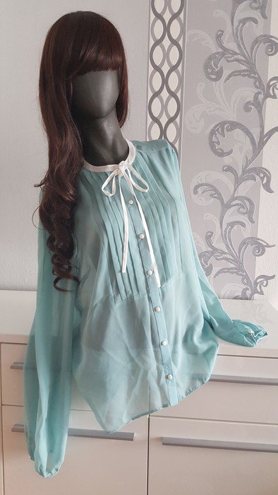 Bluse türkis blau mit Scheife weiß 42 auch 40 L XL