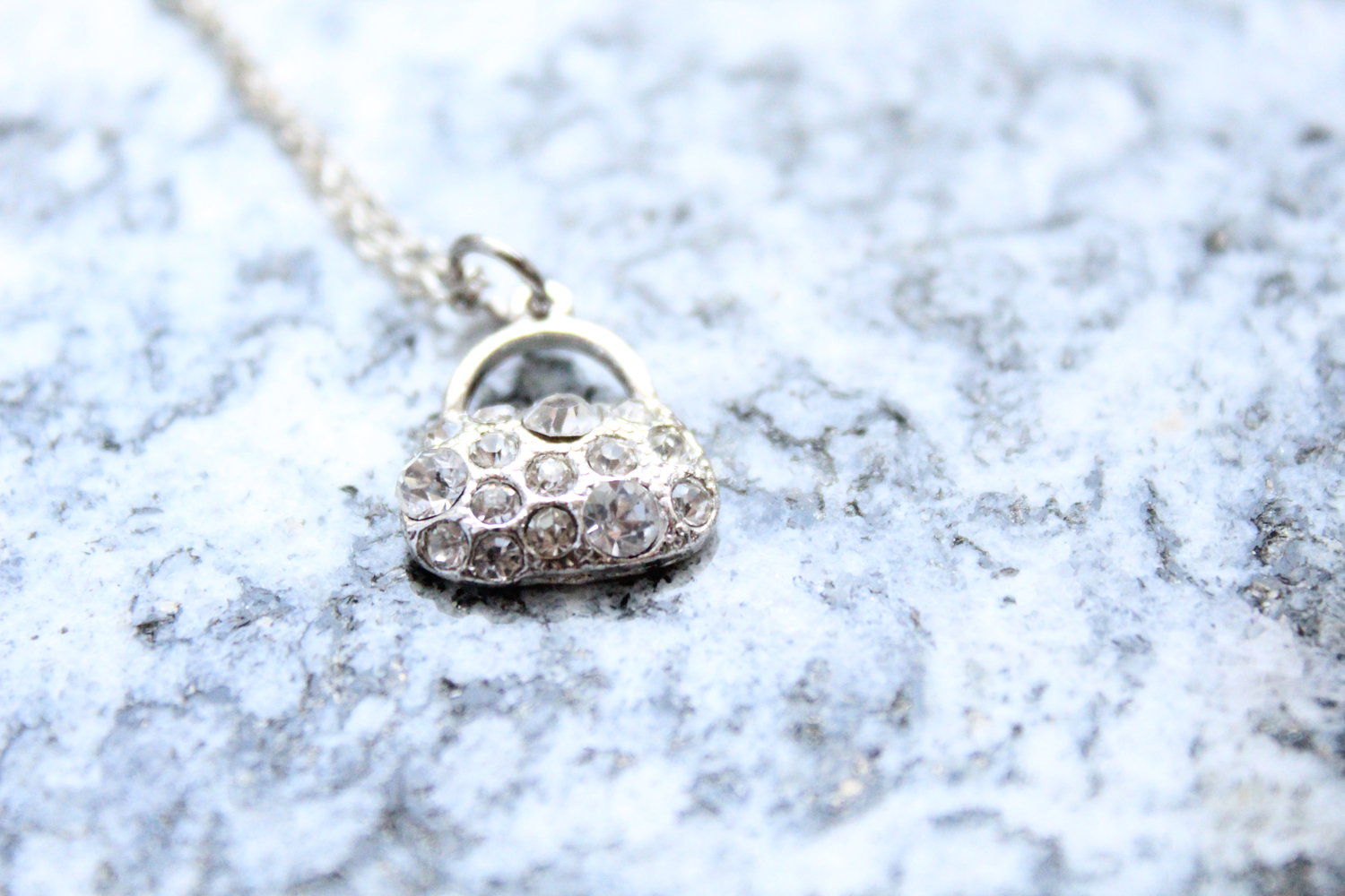 Silber Kette Shopping Bag Tasche mit Strasssteinen Kette + Anhänger silber