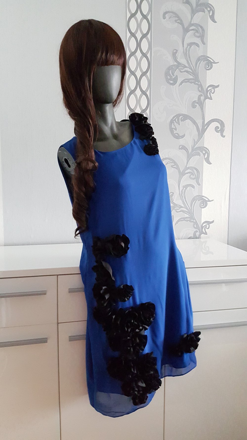 Elegantes 3D Blumen Kleid schwarz Blau L 40 evtl. 42