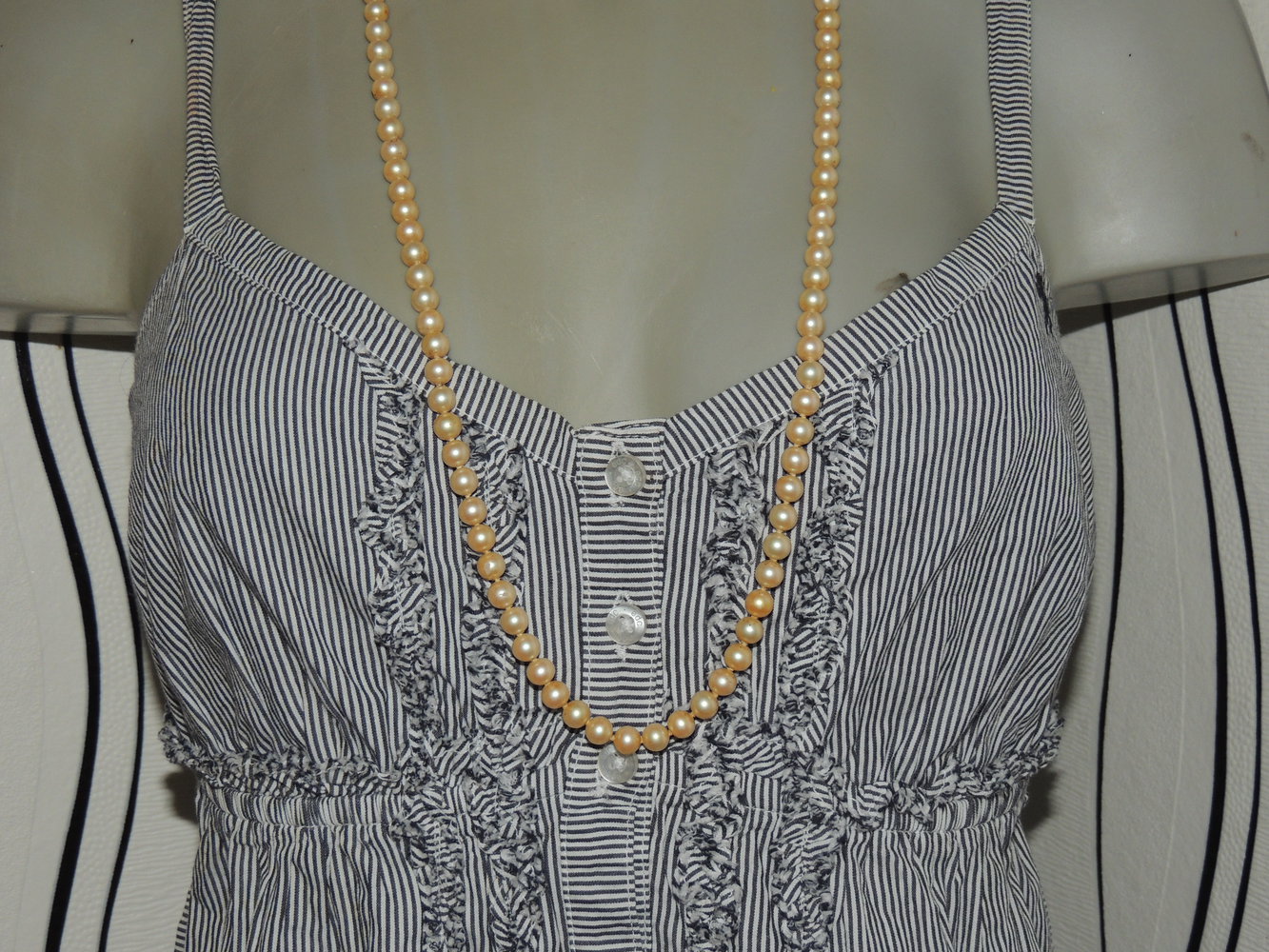 EDC Esprit Longtop Rüschen Gr. L 40 42 Babydoll Top Shirt Tunika blau weiß Blogger toll zur Leggings