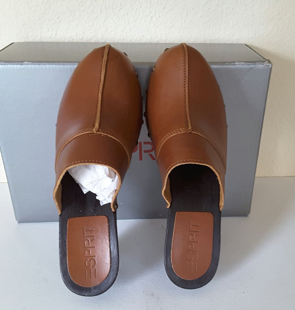 Ungetragene Esprit Clogs brandy braun Holz optik Leder Größe 39 (38) wie Neu!
